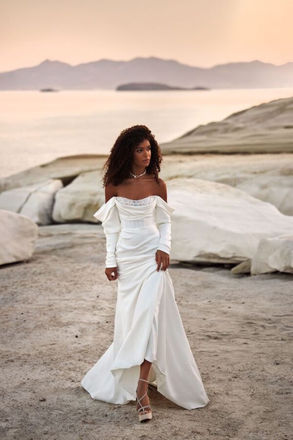 sofia milla nova satin wedding dress off the shoulder long sleeves cowl back bridal ireland