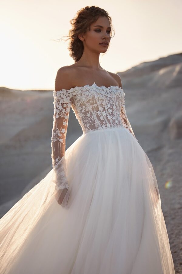 Demetra white and lace milla nova off the shoulder ballgown tulle wedding dress sleeves bridal ireland