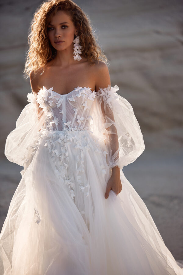 evelyn milla nova white and lace tulle petals wedding dress sleeves bridal ireland