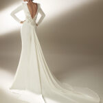 katheryn atelier pronovias couture crepe wedding dress long sleeves high neck embellished detachable train bridal ireland