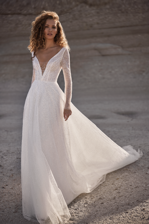 corina milla nova white and lace a-line ballgown long sleeves sparkle wedding dress bridal ireland