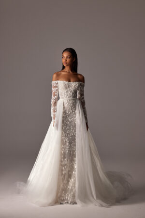 violette milla nova wedding dress off the shoulder long sleeves sparkle floral beading tulle overskirt bridal ireland