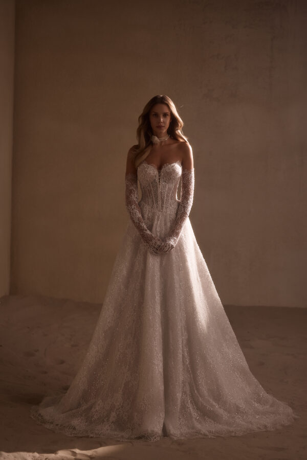 cordelia luce sposa strapless a-line beaded lace wedding dress gloves bridal ireland