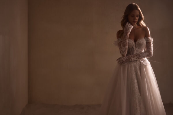 cordelia luce sposa strapless a-line beaded lace wedding dress off the shoulder gloves overskirt bridal ireland