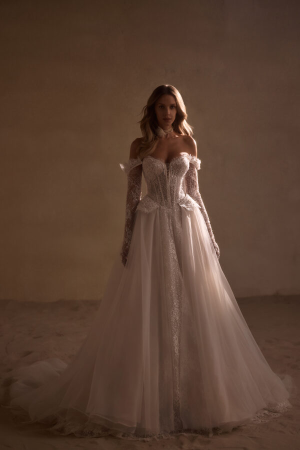 cordelia luce sposa strapless a-line beaded lace wedding dress off the shoulder gloves overskirt bridal ireland
