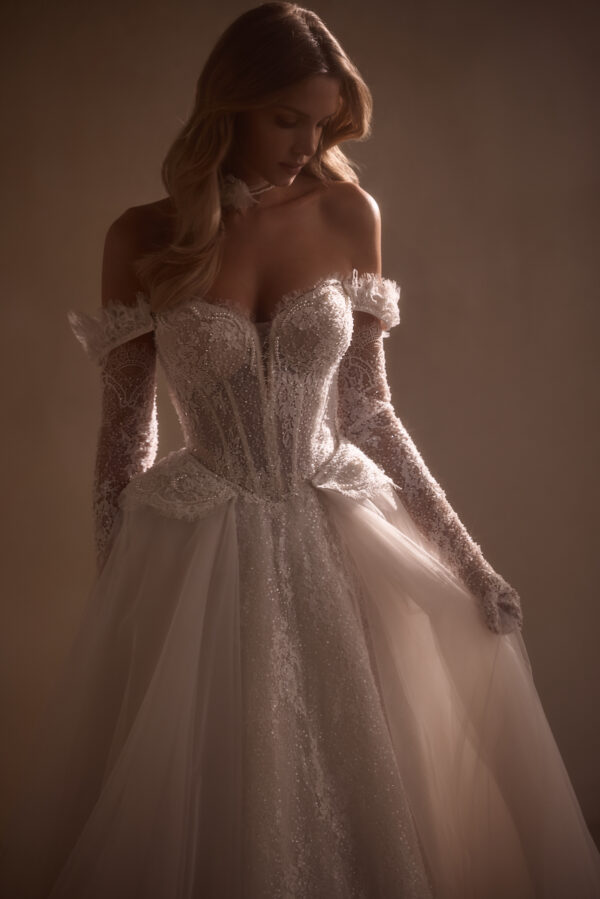 cordelia luce sposa strapless a-line beaded lace wedding dress off the shoulder gloves overskirt bridal ireland