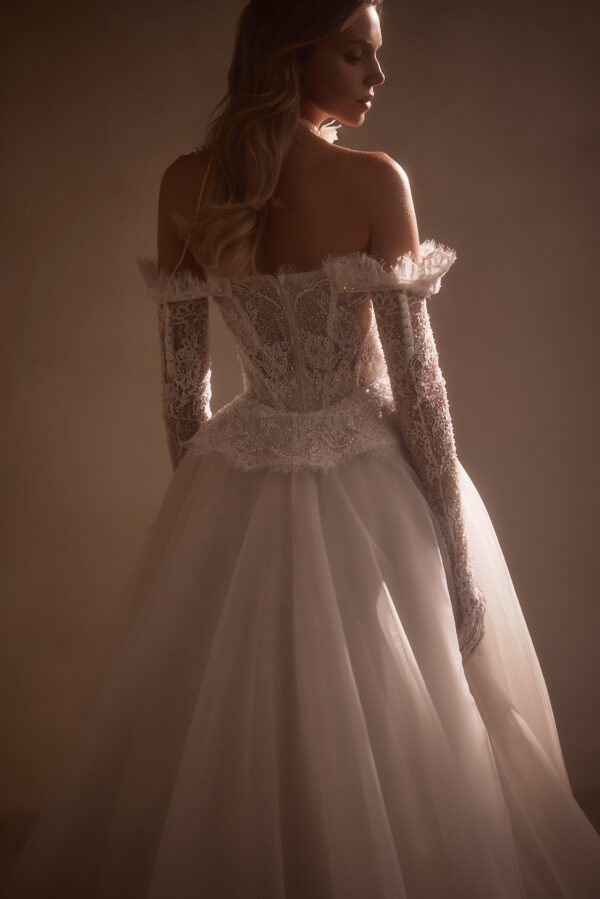 cordelia luce sposa strapless a-line beaded lace wedding dress off the shoulder gloves overskirt bridal ireland