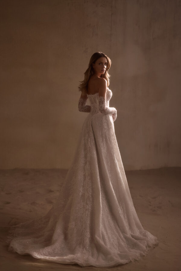 cordelia luce sposa strapless a-line beaded lace wedding dress off the shoulder gloves overskirt bridal ireland