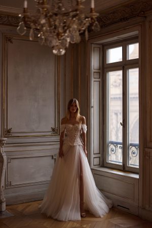 eclat luce sposa beaded lace 2 piece wedding dress off the shoulder corset a-line tulle slit bridal northern ireland