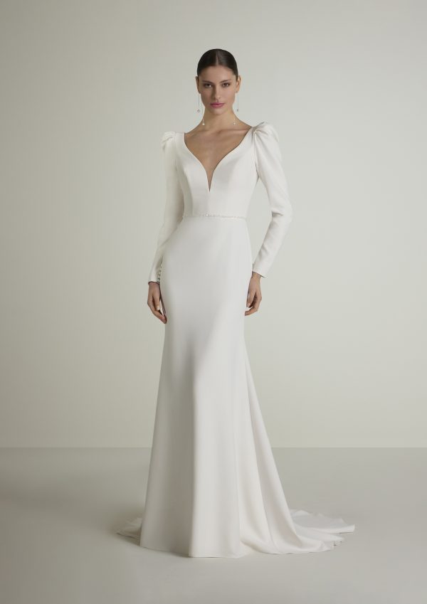 asunta san patrick crepe wedding dress long sleeves V neck bridal northern ireland