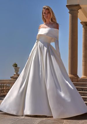 delvine pronovias a-line wedding dress bardot neckline off the shoulder long sleeves ballgown bridal shop northern ireland