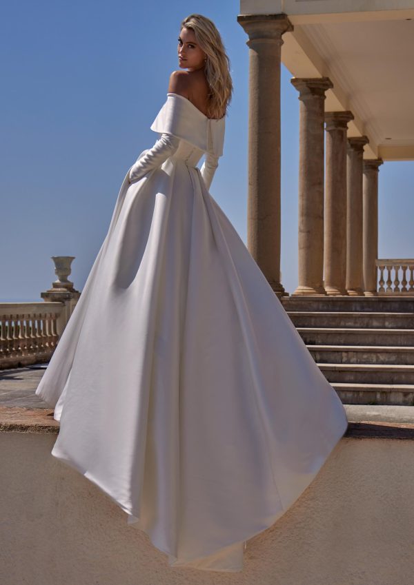 delvine pronovias a-line wedding dress bardot neckline off the shoulder long sleeves ballgown bridal shop northern ireland