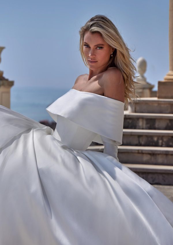 delvine pronovias a-line wedding dress bardot neckline off the shoulder long sleeves ballgown bridal shop northern ireland