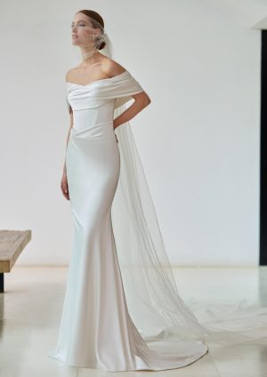 leight pronovias satin wedding dress off the shoulder bridal shop northern ireland