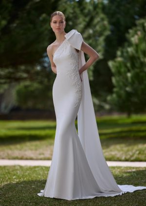 neua pronovias crepe one shoulder wedding dress beaded lace bridal shop northern ireland