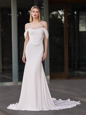 polenia pronovias crepe fit and flare wedding dress strapless off the shoulder basque waist bridal northern ireland
