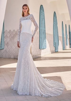 merra pronovias lace wedding dress long sleeves corset bridal northern ireland