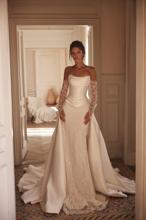 bijou luce sposa 2 piece wedding dress mikado corset beaded lace sleeves overskirt bow bridal ireland