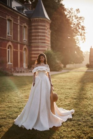 bertil luce sposa lace ballgown wedding dress strapless off the shoulder beaded lace jacket mikado bridal ireland