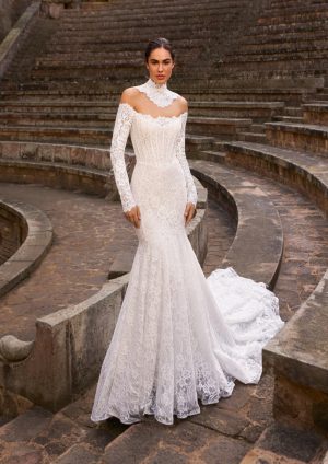 elow pronovias lace bardot long sleeve fit and flare wedding dress choker bridal northern ireland