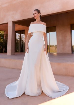 fosy pronovias strapless bardot wedding dress jacquard mikado bow train overskirt bridal ireland
