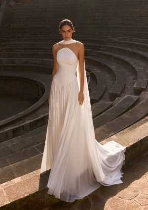 shioban pronovias floaty a-line basque waist unique strapless wedding dress bridal scarf northern ireland