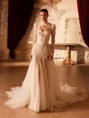 sagey pronovias privée beaded lace wedding dress strapless bolero overskirt lace veil bridal ireland