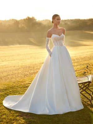 anglica white one bridal mikado ballgown wedding dress lace sleeves ireland