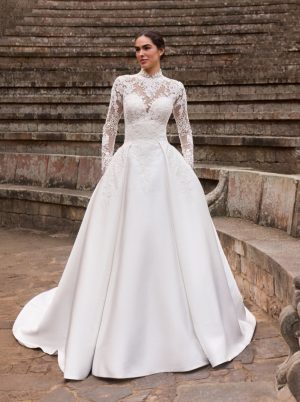 baies pronovias wedding dress lace long sleeves mikado ballgown overskirt bridal ireland