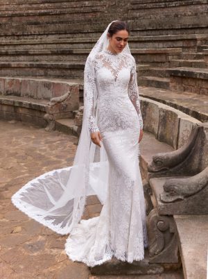 baies pronovias wedding dress lace long sleeves mikado ballgown overskirt bridal ireland
