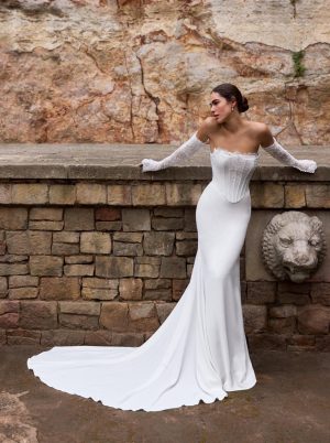 junyia pronovias wedding dress strapless sleeves crepe corset bridal ireland