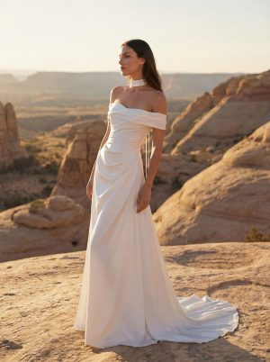 challon pronovias satin wedding dress bardot off the shoulder bridal ireland
