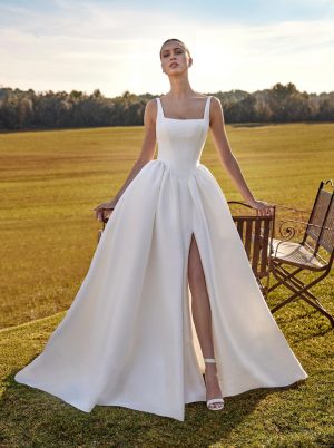 damisela white one bridal mikado ballgown wedding dress square neck basque waist slit Ireland