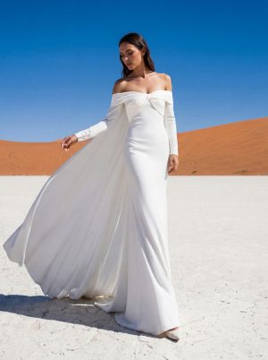 irela pronovias wedding dress crepe satin bardot long sleeves cape train bridal ireland