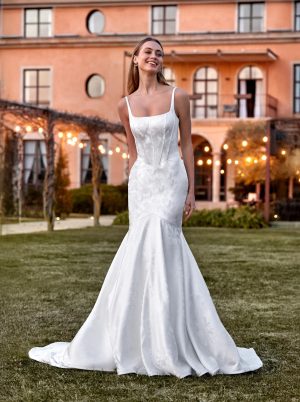 pacife white one fit and flare wedding dress square neck basque waist jacquard bridal ireland