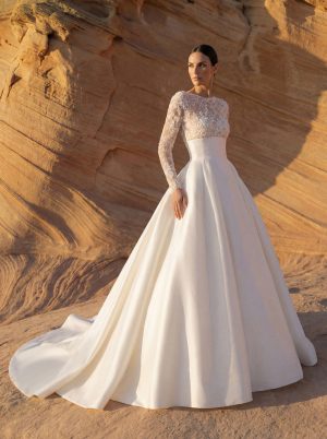 smylie pronovias mikado a-line wedding dress beaded long sleeves V back buttons bridal ireland