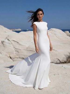 throphy pronovias wedding dress crepe high neck capped sleeve low back bridal ireland