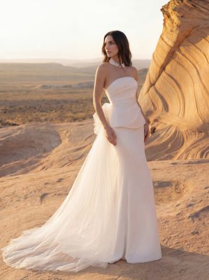 veliene pronovias wedding dress satin strapless ruffle train pearl necklace bridal ireland