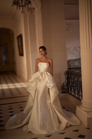 rayssa luce sposa strapless mikado beaded lace column wedding dress overskirt choker bridal ireland