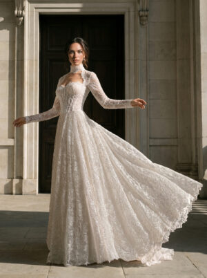 lyvorin pronovias wedding dress strapless beaded lace a-line ballgown long sleeve bolero bridal ireland